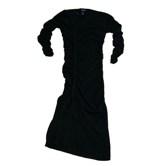Black Bodycon Asymmetrical Ruched Midi Sweater Dress - Picture 1 of 8